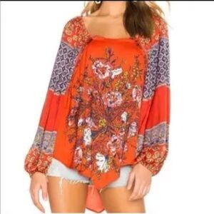 FREE PEOPLE-Orange & Blue Floral Tiered Patchwork Boho Blouse Top-Medium